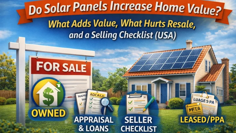 House for sale with rooftop solar panels and icons for owned vs leased solar, appraisal, and seller checklist