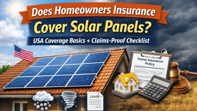 Roof-mounted solar panels on a US home with storm risk icons and homeowners insurance policy concept