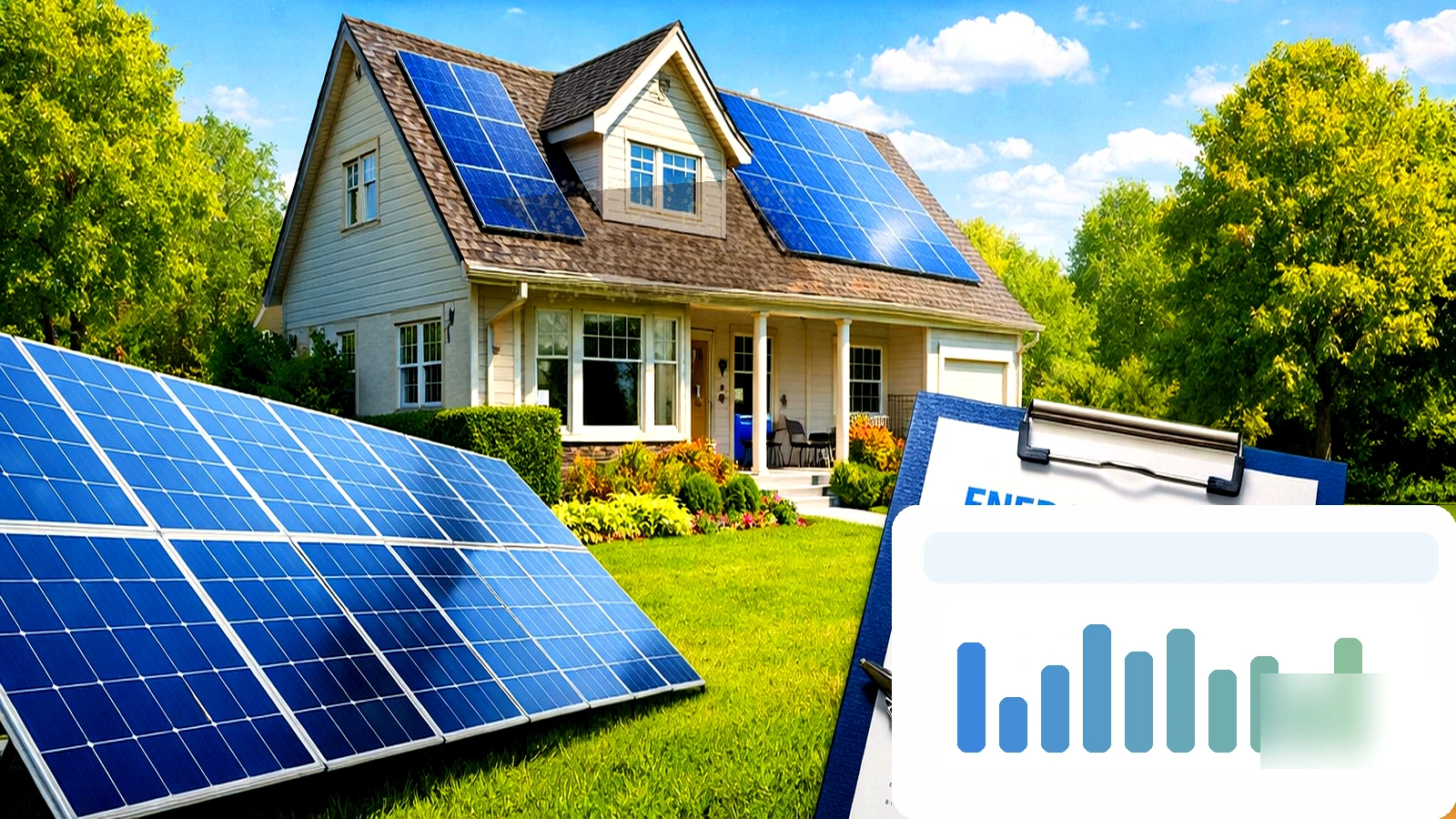 Suburban home with rooftop solar panels and a close-up clipboard-style energy chart, illustrating the decision of replacing a roof before installing solar panels.