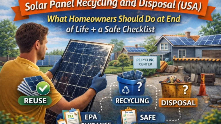 Homeowner holding an old solar panel with icons for reuse, recycling, and disposal in a US suburban setting