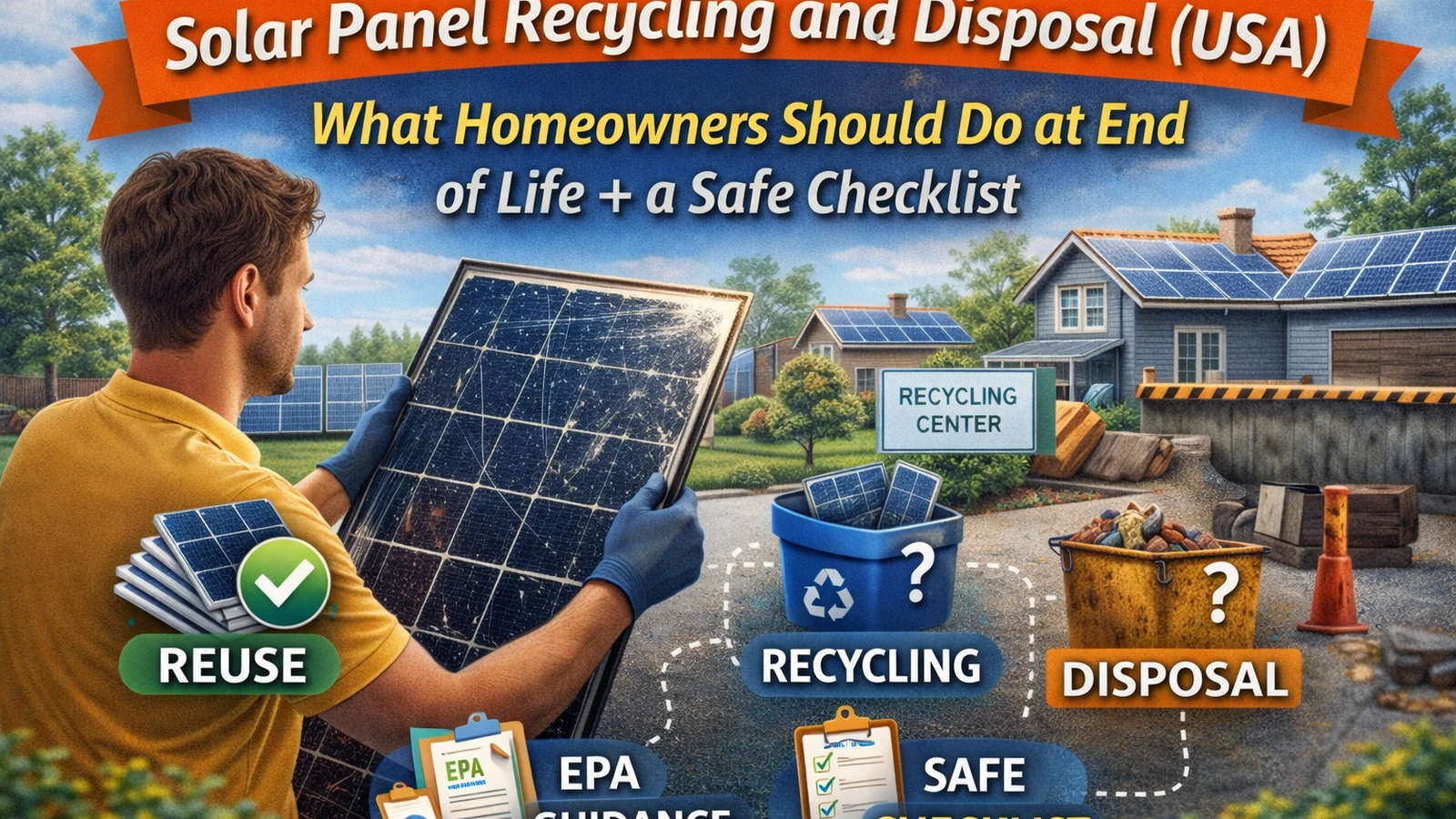 Homeowner holding an old solar panel with icons for reuse, recycling, and disposal in a US suburban setting