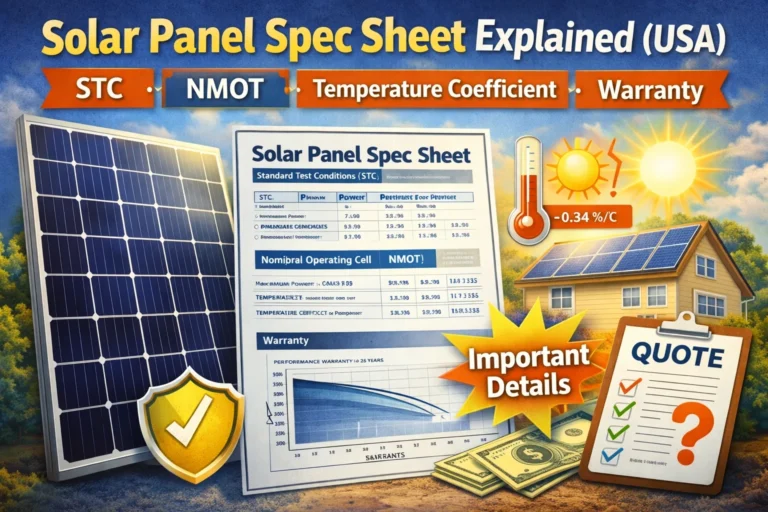 Solar panel spec sheet explained USA featured image showing STC, NMOT, temperature coefficient, warranty, and quote details