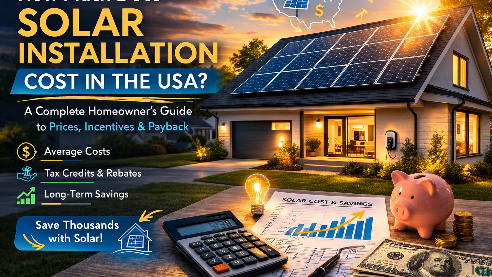 Solar payback period concept with rooftop solar, calculator, and savings chart on a suburban home