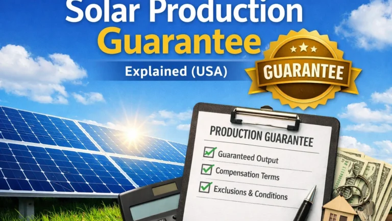 Solar production guarantee concept with rooftop solar panels and a contract checklist