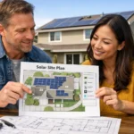 Solar site plan explained USA featured image showing homeowners reviewing a rooftop layout page with solar panels