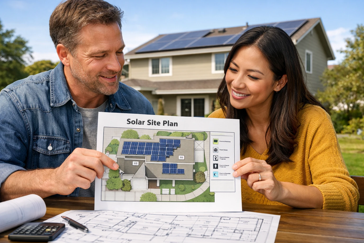 Solar site plan explained USA featured image showing homeowners reviewing a rooftop layout page with solar panels