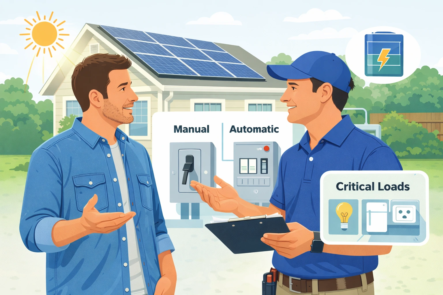 Illustrated solar transfer switch comparison for a U.S. home showing manual vs automatic options and critical loads