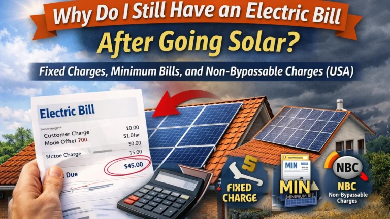 Homeowner holding an electric bill in front of a solar-powered house with icons for fixed charges, minimum bills, and non-bypassable charges