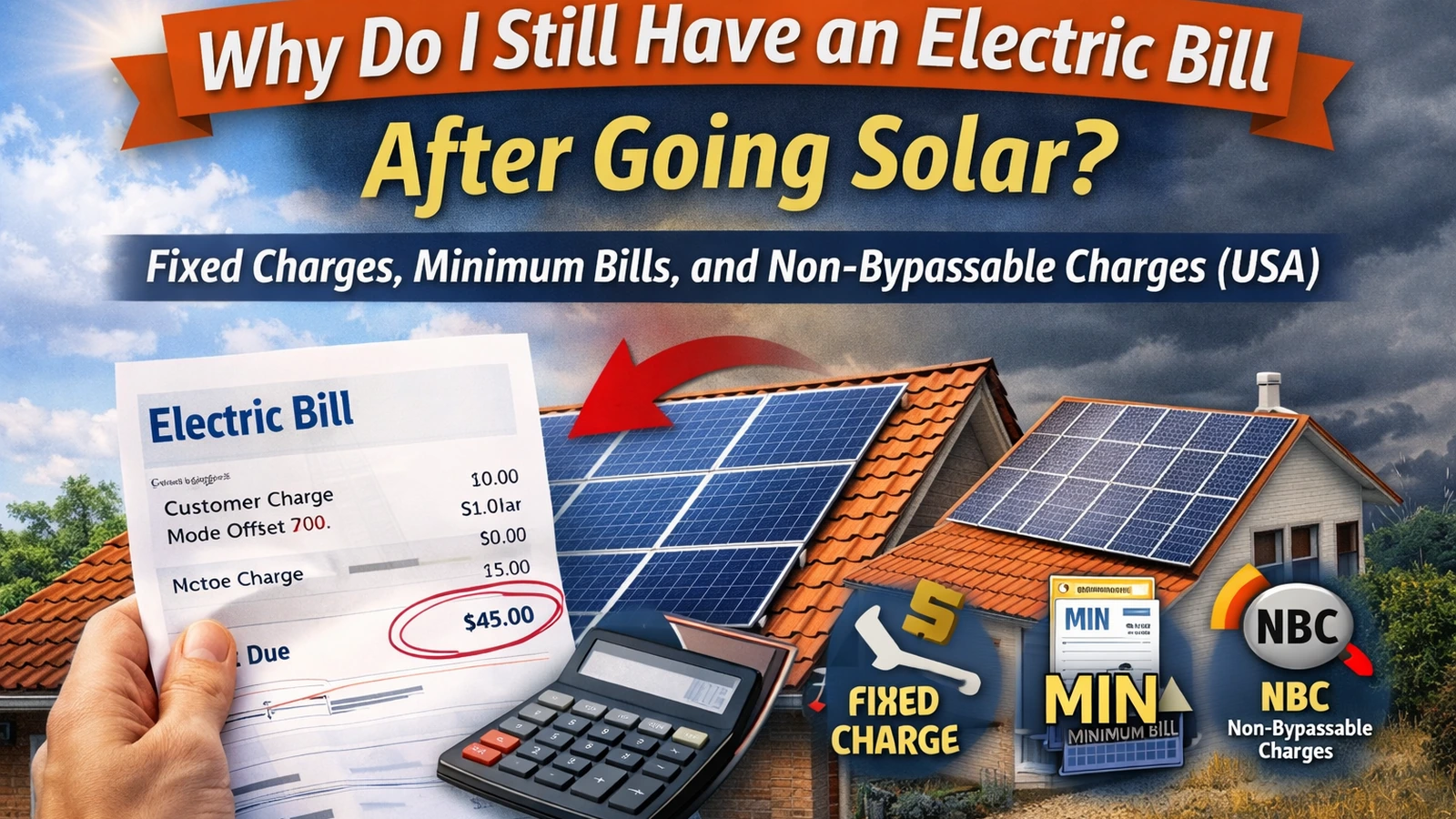 Homeowner holding an electric bill in front of a solar-powered house with icons for fixed charges, minimum bills, and non-bypassable charges