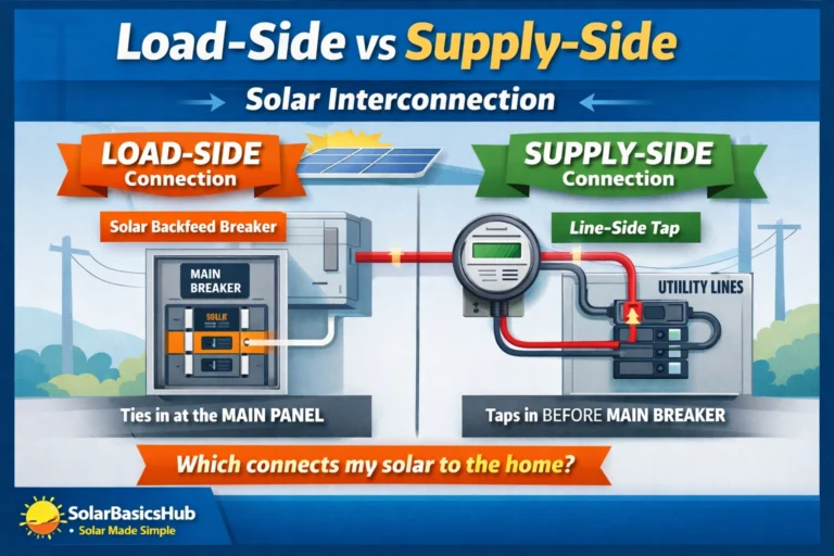Load-side vs supply-side solar interconnection infographic showing solar backfeed breaker at the main panel versus line-side tap before the main breaker