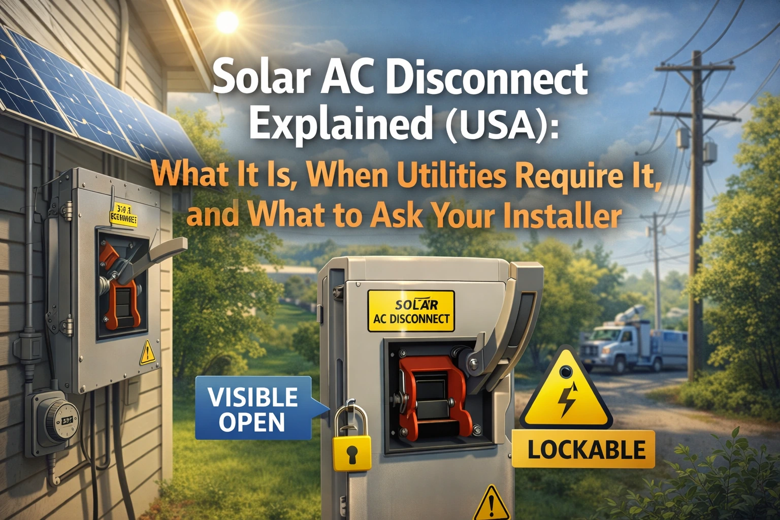 Solar AC disconnect box beside a U.S. home with rooftop solar panels, illustrating utility-required visible open and lockable disconnect equipment