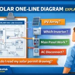 Solar one-line diagram explained infographic showing a homeowner reviewing a solar permit drawing with PV array, inverter, main panel work, and AC disconnect callouts