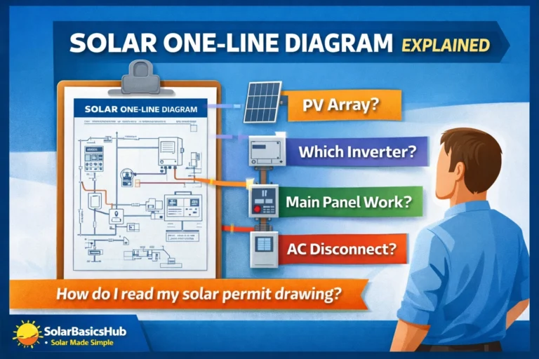 Solar one-line diagram explained infographic showing a homeowner reviewing a solar permit drawing with PV array, inverter, main panel work, and AC disconnect callouts