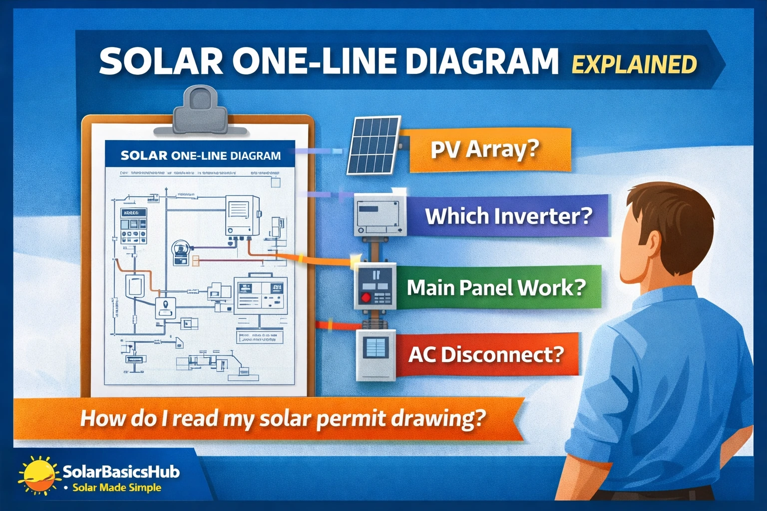 Solar one-line diagram explained infographic showing a homeowner reviewing a solar permit drawing with PV array, inverter, main panel work, and AC disconnect callouts