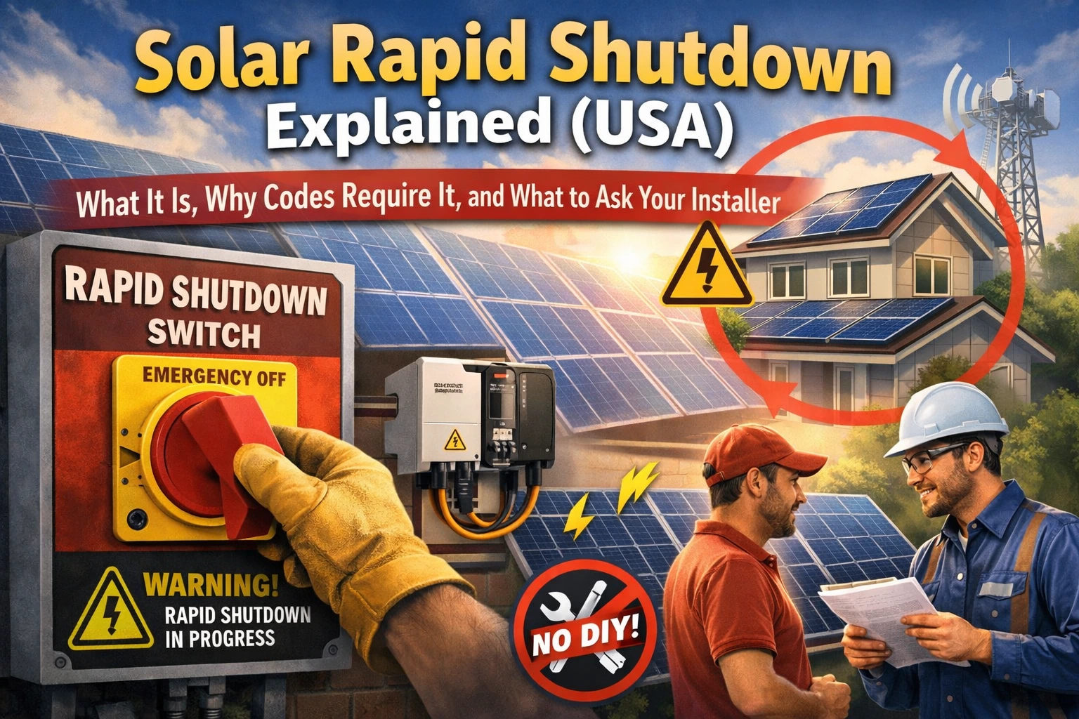 Solar rapid shutdown switch and rooftop solar home illustration with installer advising homeowner (USA)