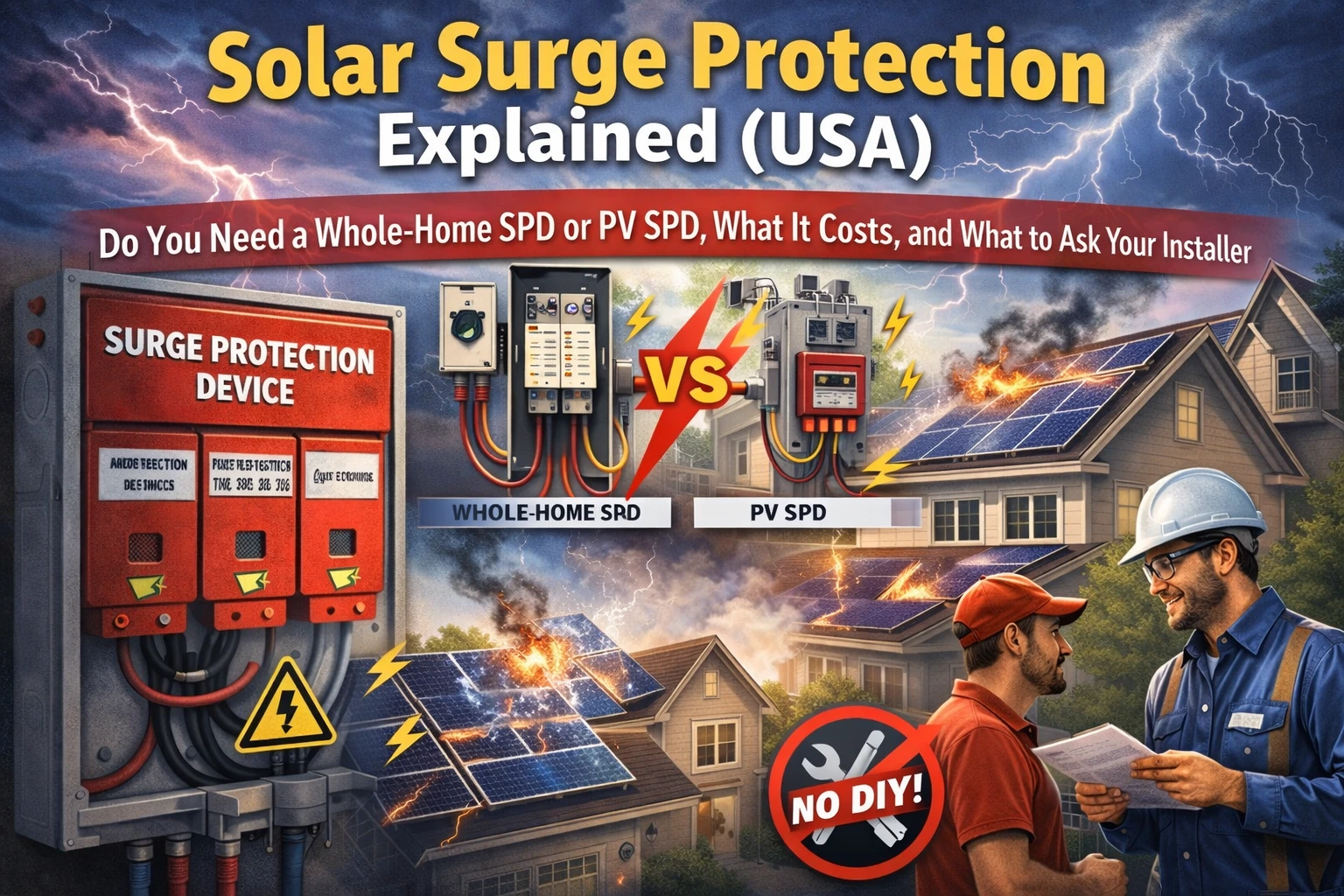 Solar surge protection illustration showing whole-home SPD vs PV SPD with lightning storm and installer advising homeowner