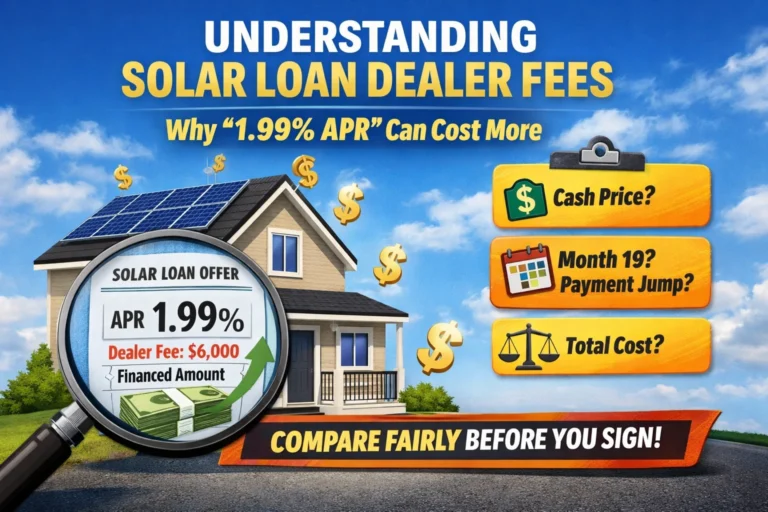 Home with rooftop solar panels and an infographic-style visual explaining solar loan dealer fees, low APR offers, cash price comparison, and potential month-19 payment jump.