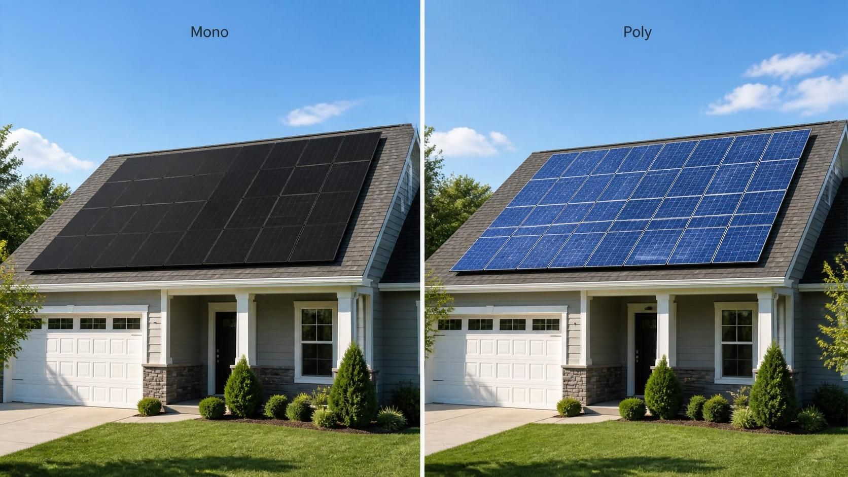 Monocrystalline vs polycrystalline solar panels on two home rooftops
